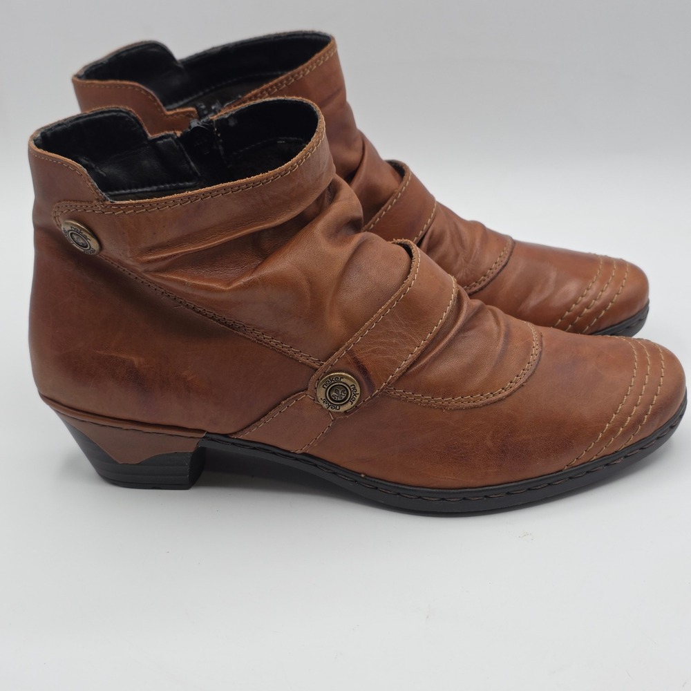Rieker Ankle Boots Womens 40 Tan Leather Slouch Ruched Antistress Low Block Heel
